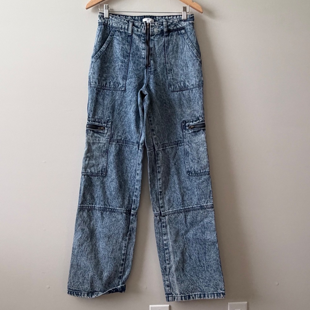 BP. Womens Acid Wash Cargo Utility Jeans High Rise Wide Leg Blue Size 27